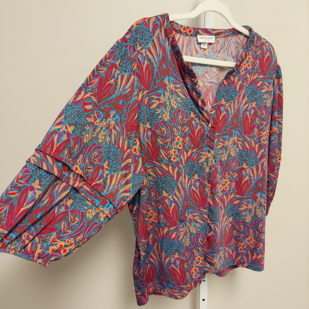 Sabrina Lauren Women 2X Blouse Red Blue Botanical Puff Sleeve Top Boho Peasant‎